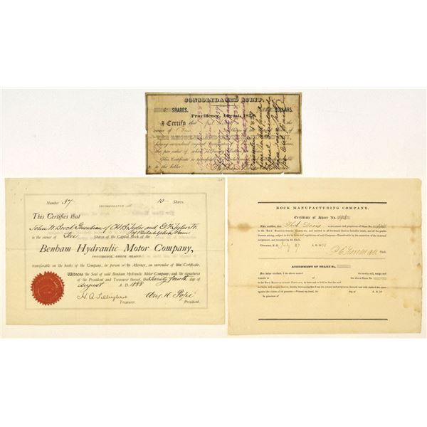 NH. RI. New Hampshire and Rhode Island, 1838 to 1888, Issued Stock Certificate Trio.