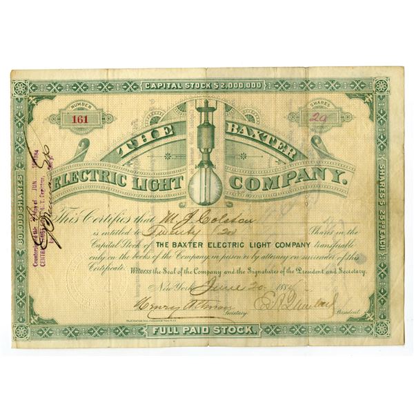 NY. Baxter Electric Light Co., 1884 I/U Stock Certificate.