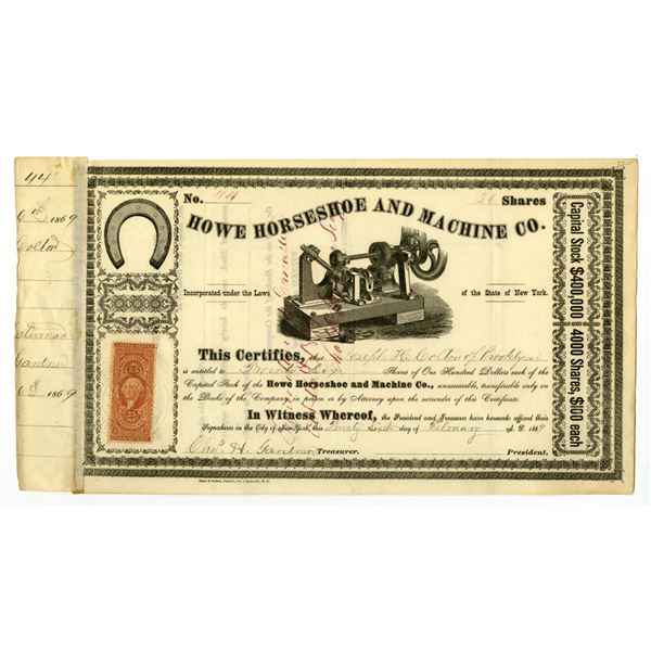 NY. Howe Horseshoe and Machine Co., 1869, I/C Stock Certificate.
