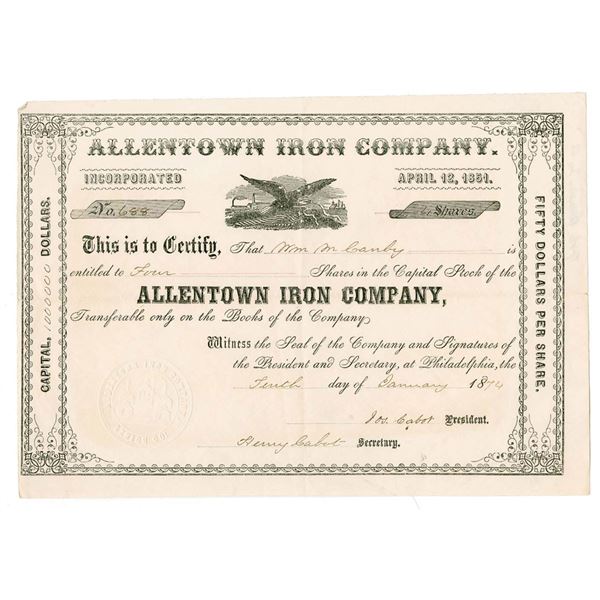 PA. Allentown Iron Co., 1874 I/U Stock Certificate