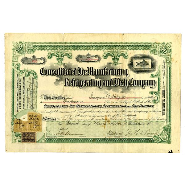 PA. Consolidated Ice Manufacturing Refrigerating and Fish Co., 1902 I/U Stock Certificate.