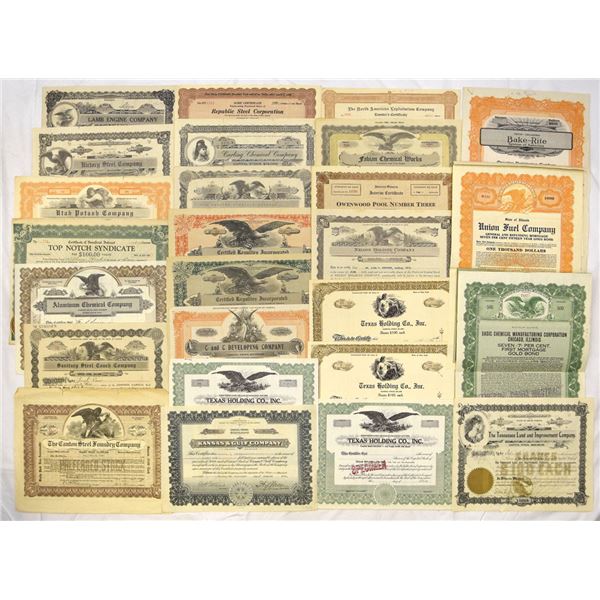 Industrial, Chemical, Steel, and Holding Co. Stock and Bond Assortment, Various States, 1900s to 194