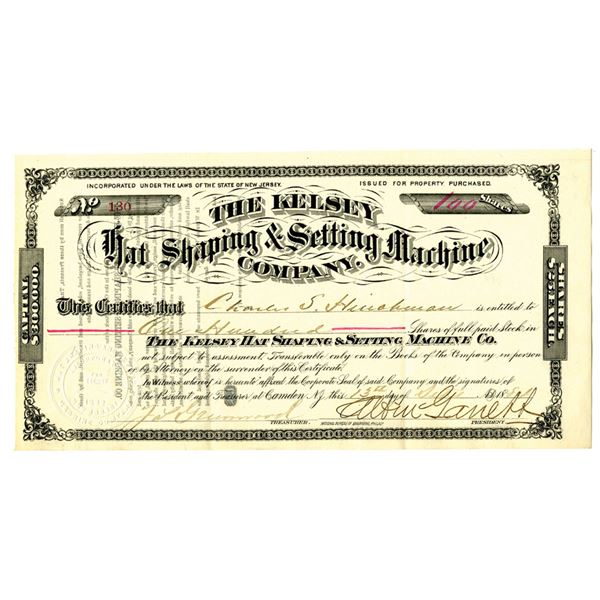 NJ. Kelsey Hat Shaping & Setting Machine Co., 1884 I/U Stock Certificate