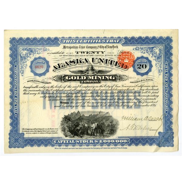 AK. Alaska United Gold Mining Co., 1895, I/U Stock Certificate.