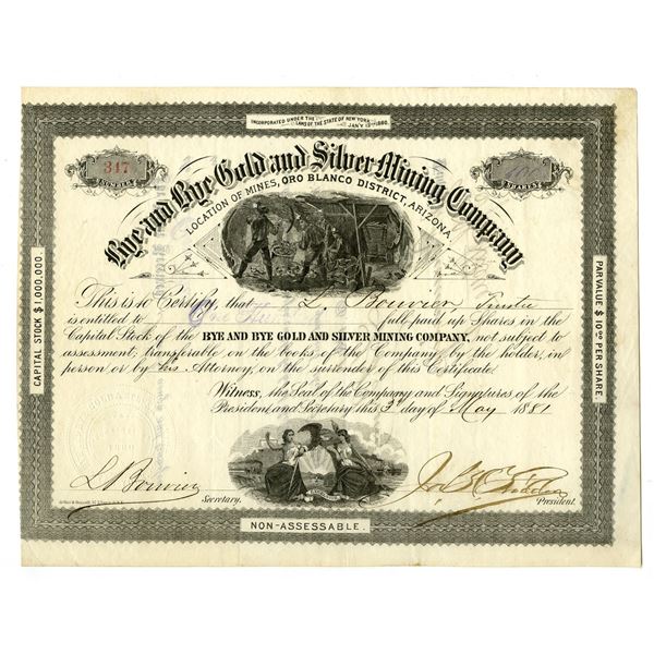 Arizona Territory. Bye and Bye Gold and Silver Mining Co., 1881, I/U Stock Certificate.