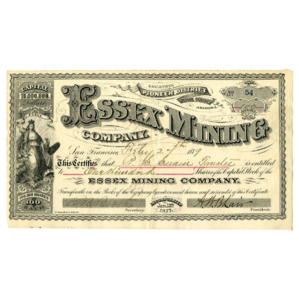 Arizona Territory. Essex Mining Co., 1879, I/U Stock Certificate.