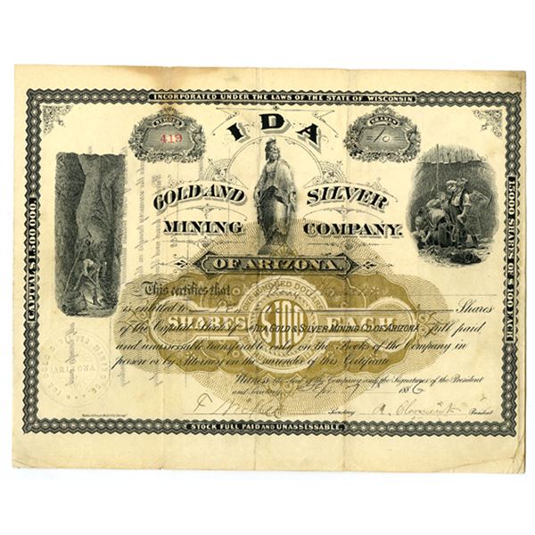 AZ. Ida Gold and Silver Mining Company of Arizona, 1886, I/U Stock Certificate