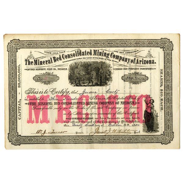 AZ. Mineral Bed Consolidated Mining Co. of Arizona, 1880 I/U Stock Certificate.