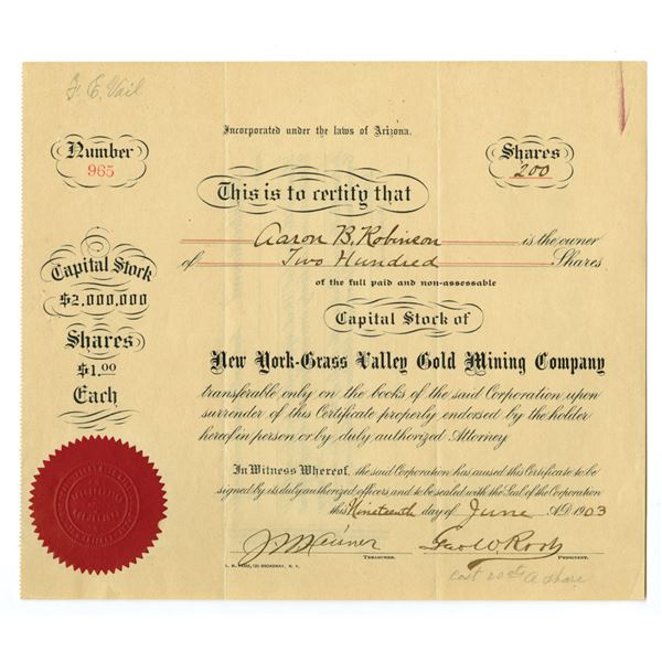 AZ. New York-Grass Valley Gold Mining Co., 1903, I/U Stock Certificate.