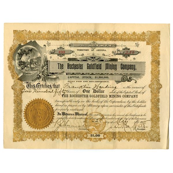 AZ. Rochester Goldfield Mining Co., 1905, I/U Stock Certificate.