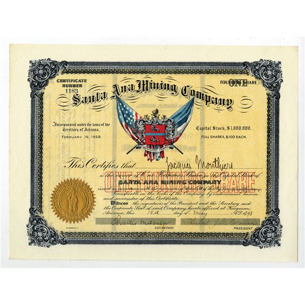 AZ. Santa Ana Mining Co., 1898, I/U Stock Certificate.