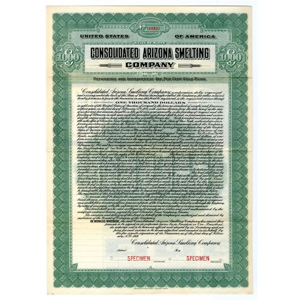AZ. Consolidated Arizona Smelting Co. 1919 Specimen Gold Coupon Bond