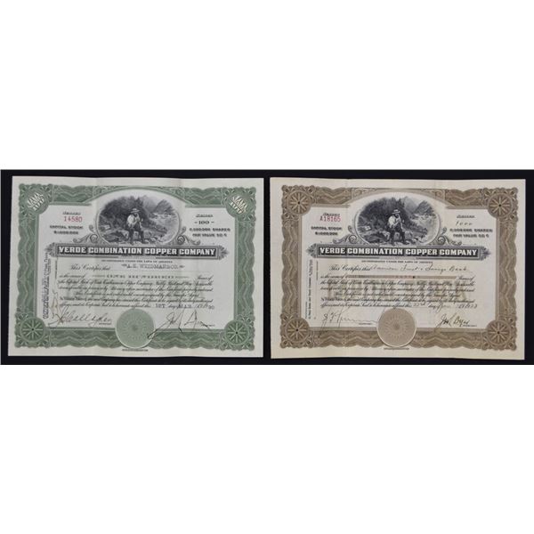 AZ. Verde Combination Copper Co., 1920 and 1923, I/U Stock Certificate Pair.