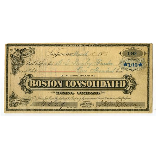 CA. Boston Consolidated Mining Co., Bodie Mining District. 1880, I/U Stock Certificate.