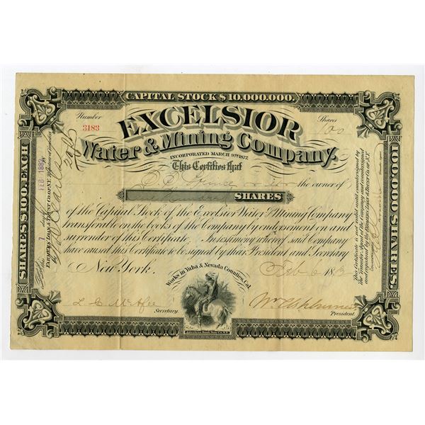 CA. Excelsior Water & Mining Co., 1883, I/U Stock Certificate