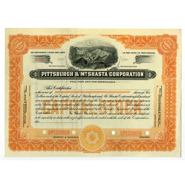 CA. Pittsburgh & Mt. Shasta Corp., ND (1900-20s), Specimen Stock Certificate.