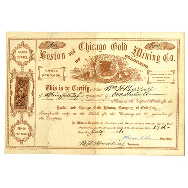 Colorado Territory. Boston and Chicago Gold Mining Co., 1865, I/U Stock Certificate.