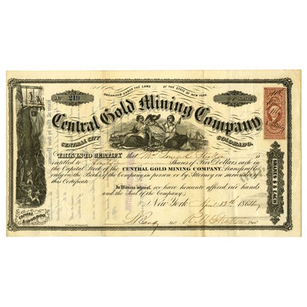 Colorado Territory. Central Gold Mining Co., 1864, I/U Stock Certificate.