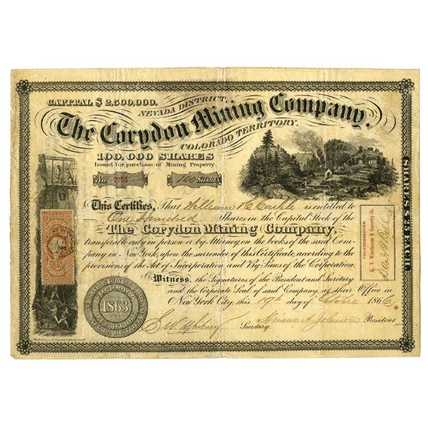 Colorado Territory. Corydon Mining Co., 1866, I/U Stock Certificate, Major Stock Manipulation Scam.