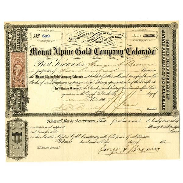 Colorado Territory. Mount Alpine Gold Co. of Colorado, 1865, I/U Stock Certificate.