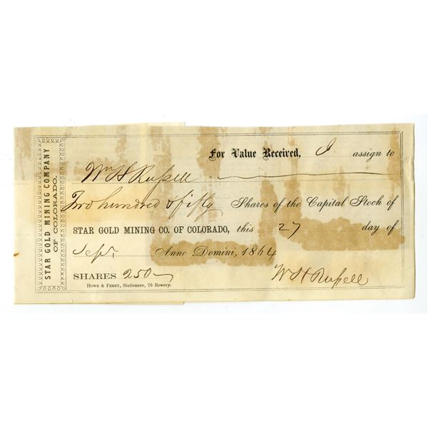 Colorado Territory. Star Gold Mining Co. of Colorado, 1864, I/U Stock Certificate Assignment.