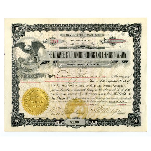 CO. Advance Gold Mining Bonding and Leasing Co., ND (1890s), I/U Stock Certificate.