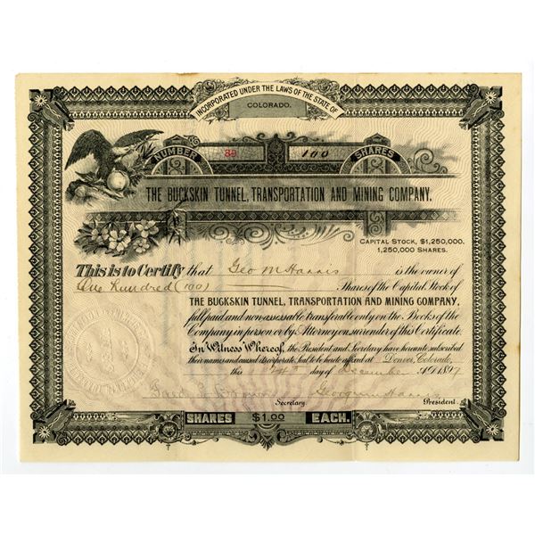 CO. Buckskin Tunnel, Transportation and Mining Co., 1897, I/U Stock Certificate.