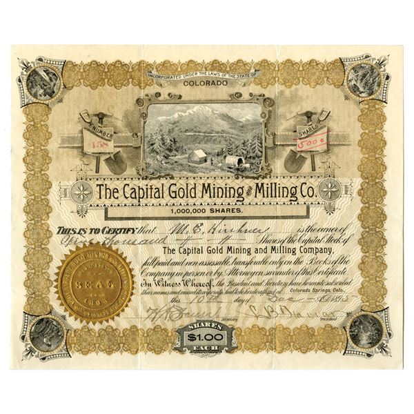 CO. Capital Gold Mining and Milling Co., 1893, I/U Stock Certificate.