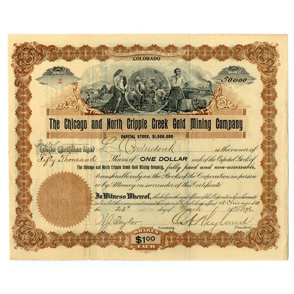 CO. Chicago and North Cripple Creek Gold Mining Co., 1896, I/U Stock Certificate, Low S/N 2..