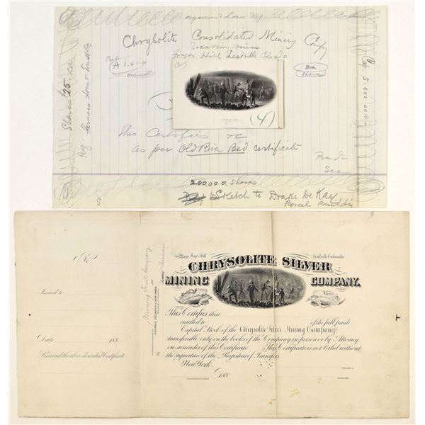 CO. Chrysolite Silver Mining Co., 1881, Unique Stock Certificate Design Sketch and Face Proof.