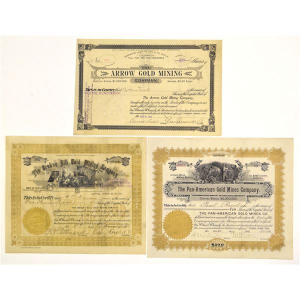 CO. Colorado "Cripple Creek"  Gold Mining I/U Stock Certificate Trio, ca.1896 to 1899,.
