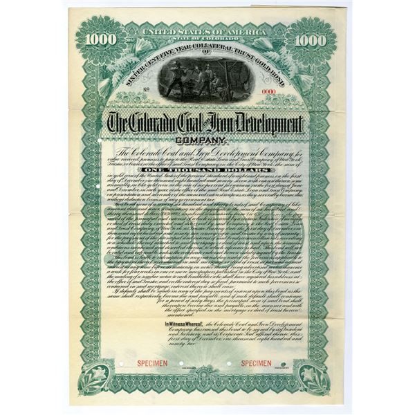 CO. Colorado Coal and Iron Development Co., 1892, Specimen Bond.