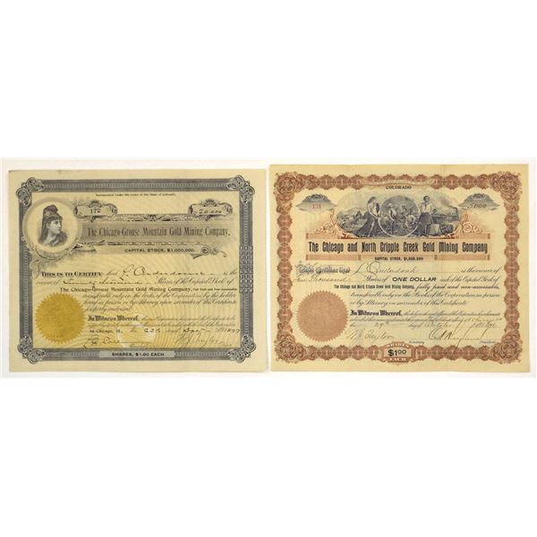 CO. Colorado Gold Mining Co., 1897 and 1896, I/U Stock Certificate Pair.
