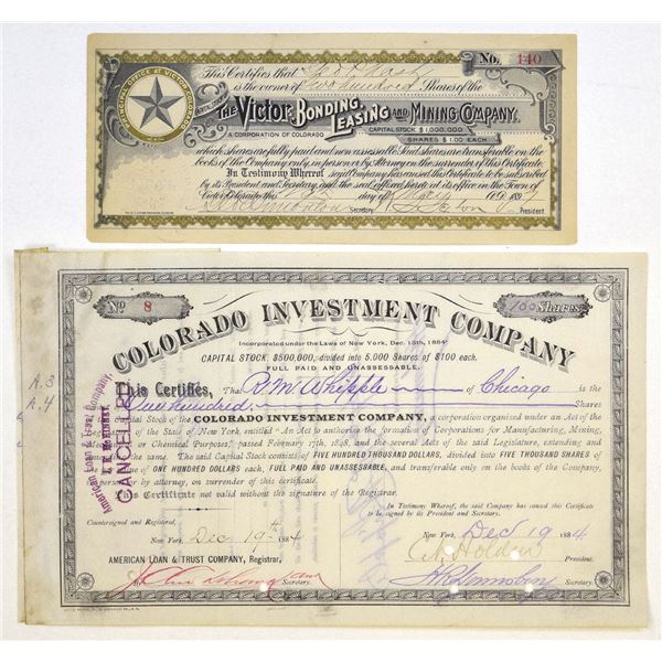 CO. Colorado Investment Co. & Victor Bonding Leading and Mining Co., 1884 & 1897, Stock Certificate 