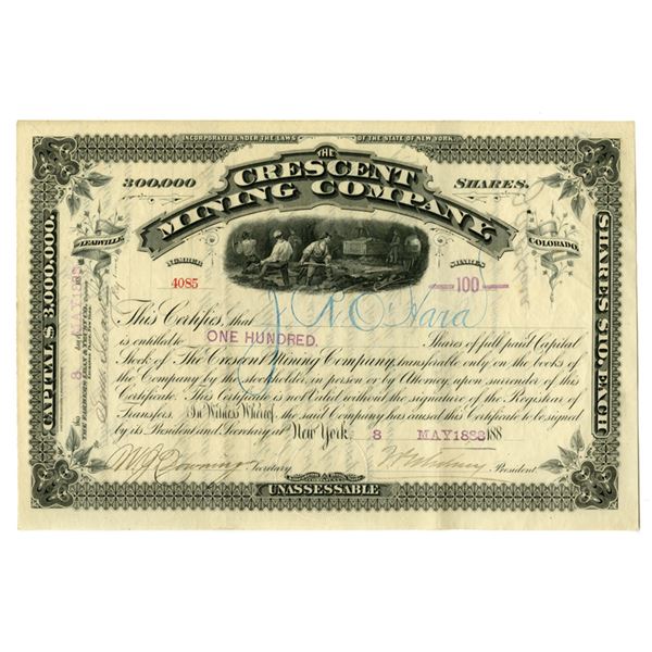 CO. Crescent Mining Co., 1888, I/U Stock Certificate.