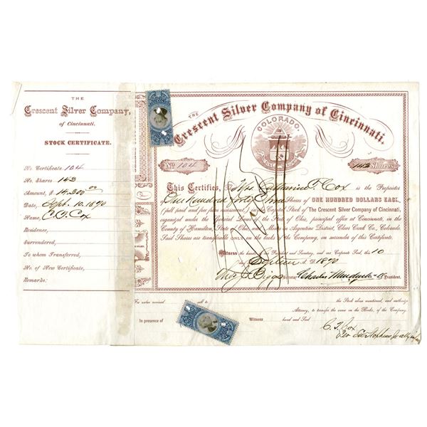 Colorado Territory. Crescent Silver Company of Cincinnati, 1870, I/C Stock Certificate.