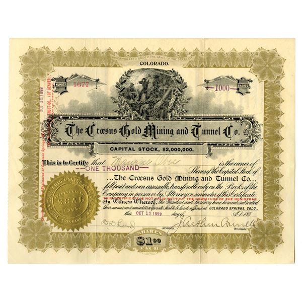CO. Croesus Gold Mining and Tunnel Co., 1899, I/U Stock Certificate.