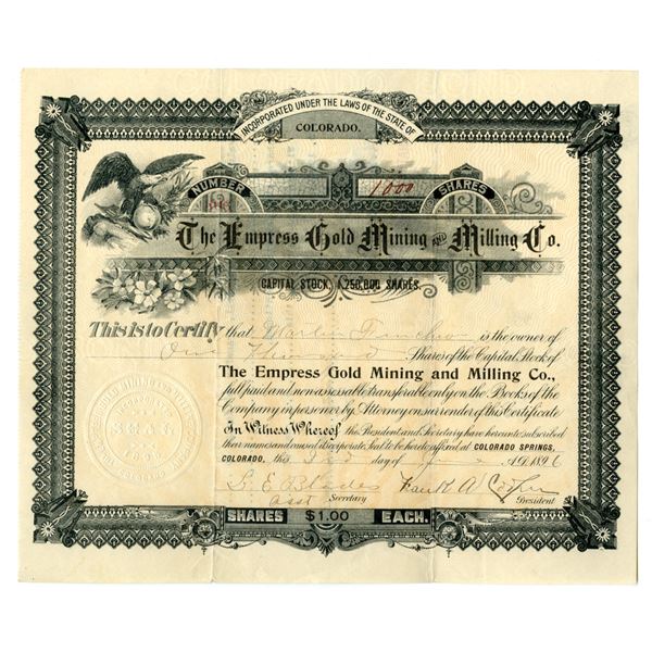 CO. Empress Gold Mining and Milling Co., 1896, I/U Stock Certificate.