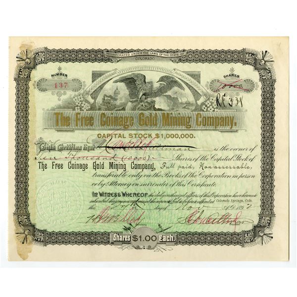 CO. Free Coinage Gold Mining Co., 1892, I/C Stock Certificate.