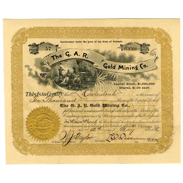 CO. G.A.R. Gold Mining Co., 1896 I/U Stock Certificate