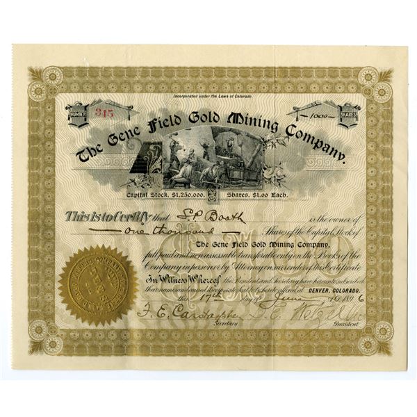 CO. Gene Field Gold Mining Co., 1896, I/U Stock Certificate.