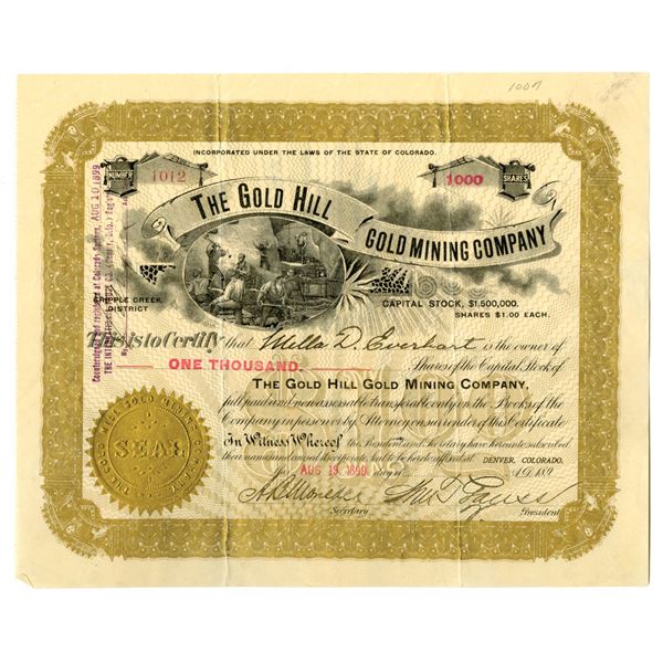 CO. Gold Hill Goldmining Co., 1899, I/U Stock Certificate.
