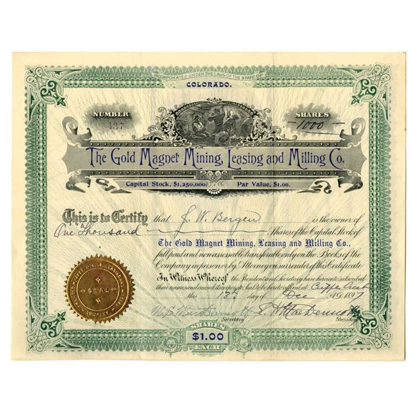 CO. Gold Magnet Mining Leasing and Milling Co., 1897, I/U Stock Certificate.