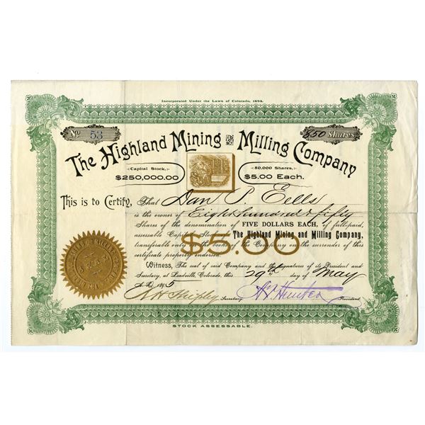 CO. Highland Mining and Milling Co., 1895, I/U Stock Certificate.