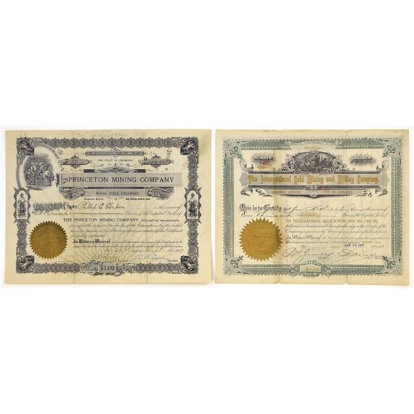 CO. International Gold Mining and Milling & Princeton Mining Co., 1896 & 1909, I/U Stock Pair.