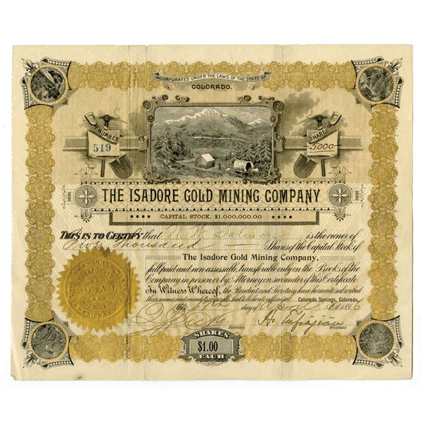 CO. Isadore Gold Mining Co., 1896, I/U Stock Certificate.