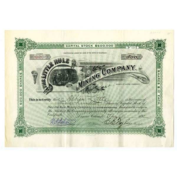 CO. Little Rule Mining Company, 1892 I/U Stock Certificate