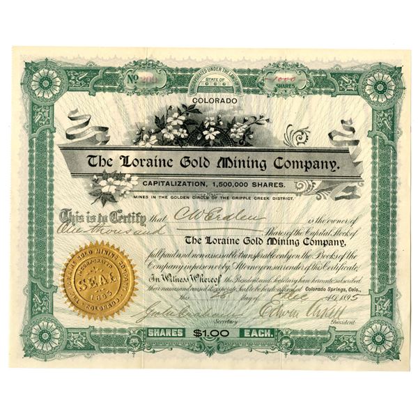 CO. Loraine Gold Mining Co., 1895, I/U Stock Certificate.