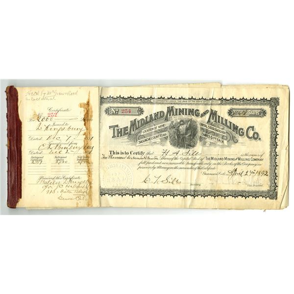 CO. Midland Mining and Milling Co. 1892 to 1896, Stock Certificate Ledger with 15 I/C Stock Certific