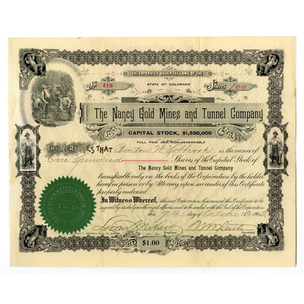 CO. Nancy Gold Mines and Tunnel Co., 1902, I/U Stock Certificate.